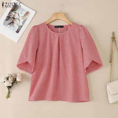 Women Round Neck Half Sleeve Grid Print Casual Blouse