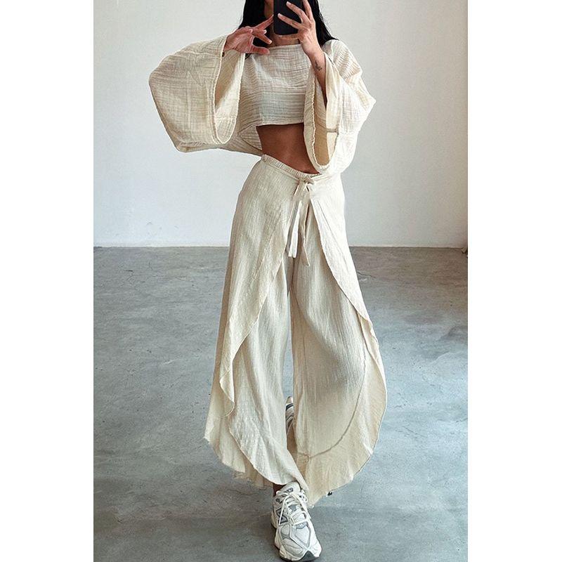 

Casual Top Irregular Long Pants Set Casual Tops Asymmetrical Pants Suit Beige White XL