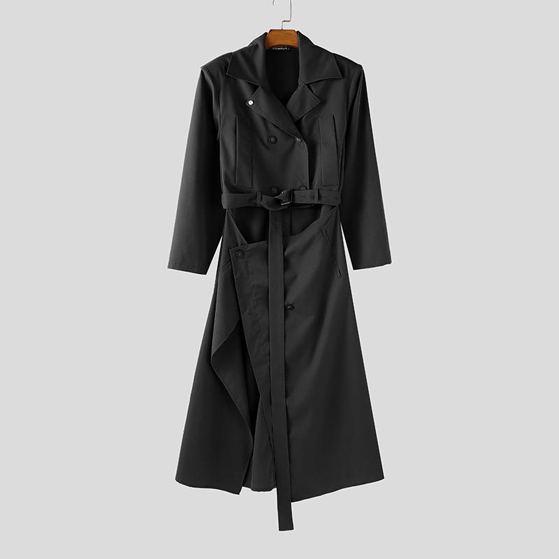 

INCERUN Осенние мужские тонкие длинные ветровки с высоким воротником, длинными рукавами, пуговицами, поясом и вырезами 2XL чёрный