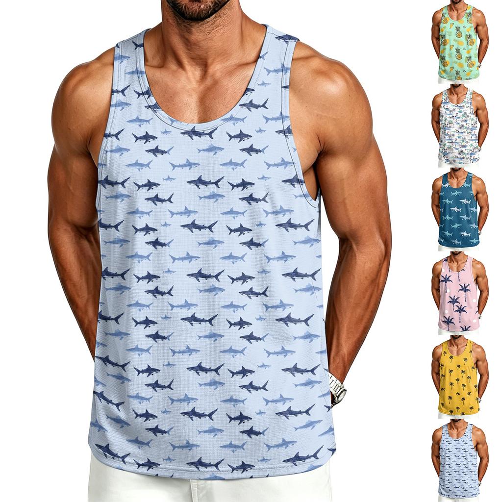 Men's Casual Hawaiian Print Outdoor Sports Tank Top Sleeveless Round Neck Summer Beachwear Lightweight Breathable Fabric
