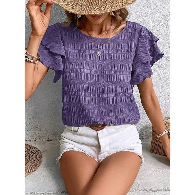 Women's Textured Ruffle Short Sleeve Blouse Summer Crew Neck Tops Dressy Casual Loose Fit Tee Shirts Beach Clothes