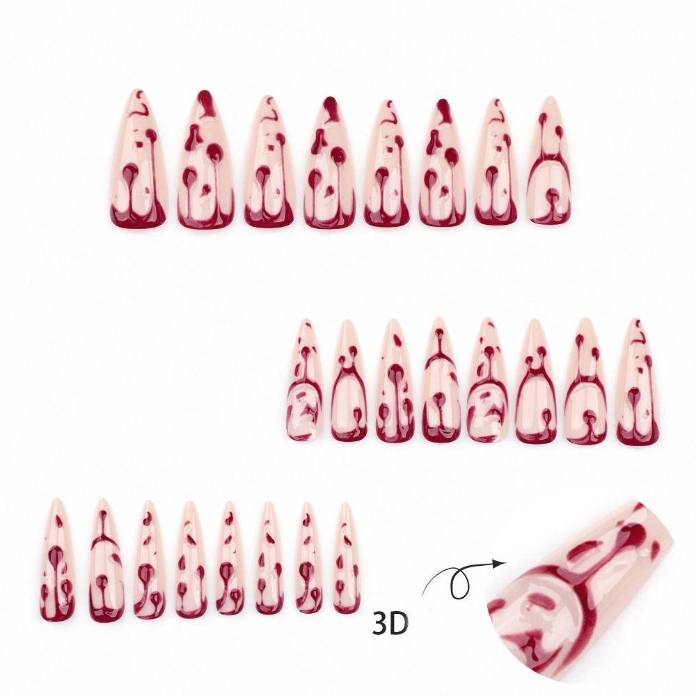 24pcs Manicure Long Almond False Nails Ballerina Red Flame Press on Nails Halloween Bones Stiletto Fake Nials Women