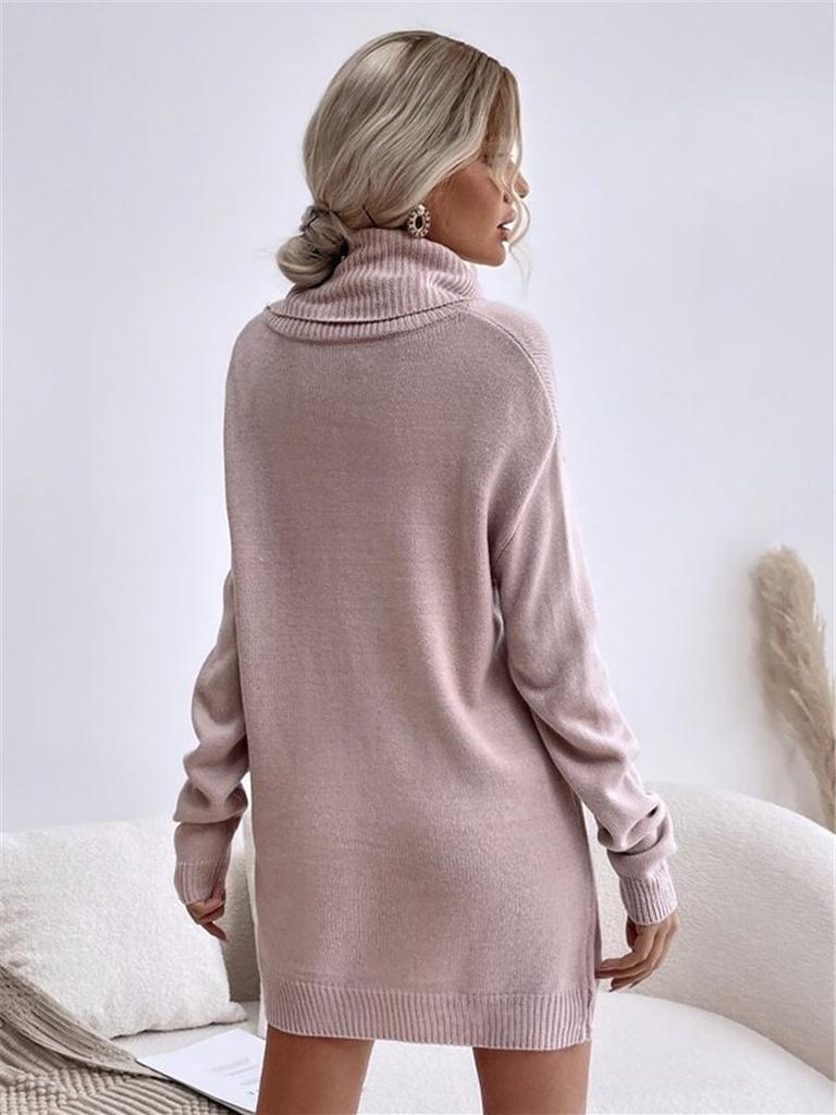 Autumn Winter New Solid Loose High Neck Knit Sweater Dress