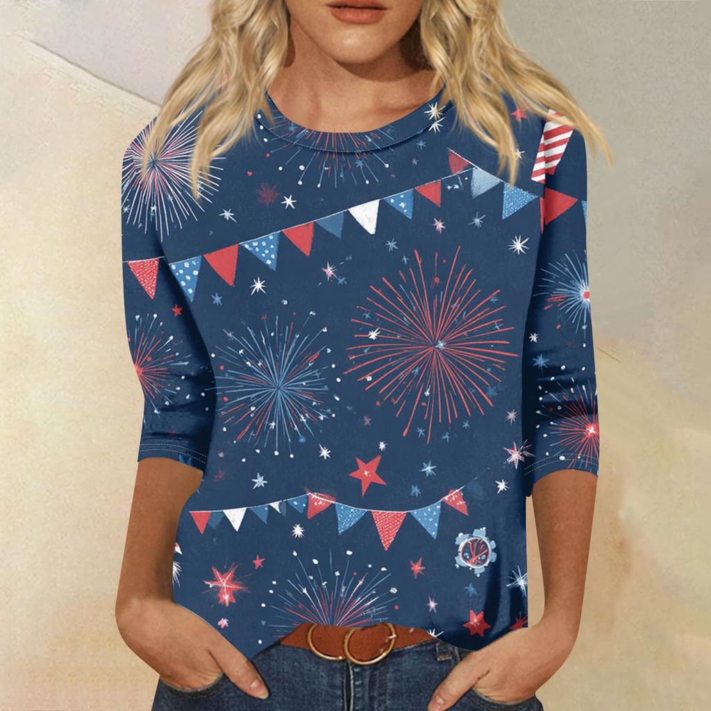 Women's Fashion Casual Seven-Sleeve Independence Day Print Round Neck Top