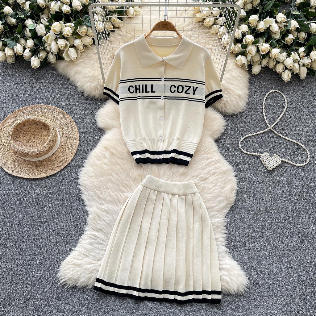 Summer Women Knitted Sweater College Letter Two Piece Set Fashion Girl Single Breasted Cardigan Top and Mini Pleated Skirt Suit