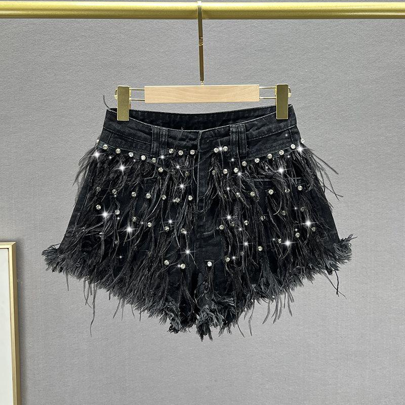 

Изысканные джинсовые шорты с высокой талией и стразами, европейские товары с кисточками Black S