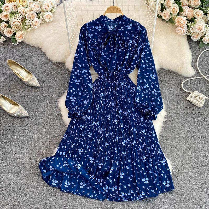 

New Arrival Sweet Temperament Crew Neck Long Sleeves Pleated Dress Dark Blue All yards