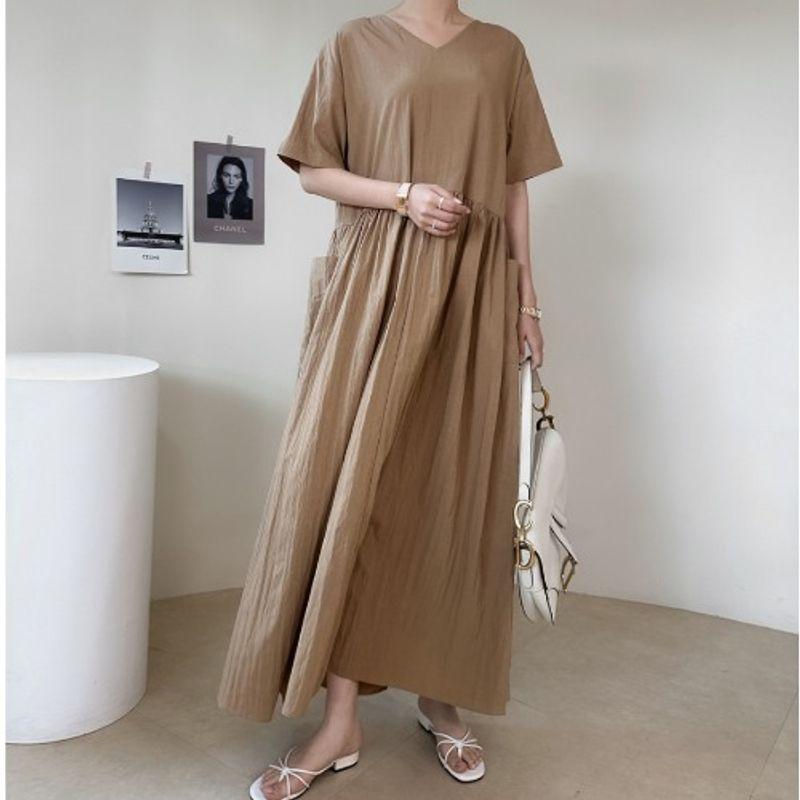 

Korean Style New Plus size Women clothes V-neck Pocket Hong Kong Style Loose Meat Covering Casual Short sleeve Mid-Length Dress Fashion Light brown(Figure) 4XL