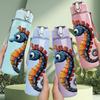 1PC Vintage Color Sea Horse Print 750ml Color Plastic Sports Water Bottle Leakproof Flip Straw Lid Suitable for Sports Office Home Use