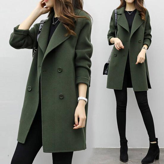 Women Autumn Winter Solid Color Lapel Double-breasted Midi Coat Woolen Outwear