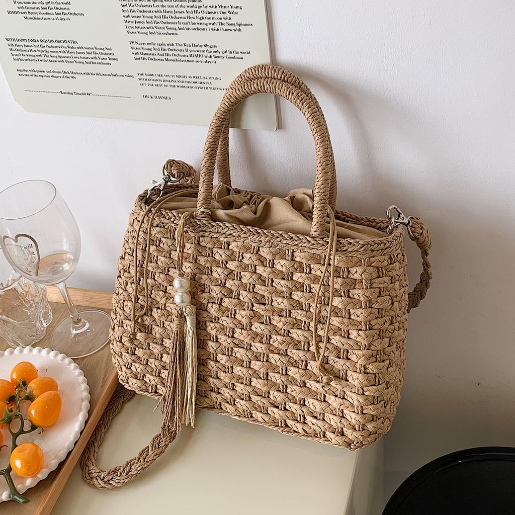Bolso de Paja Tejida de Gran Capacidad para Verano Estilo Francés Fashi Borla Vacati Bolsos Cruzados Vintage Versátil Bolso de Mano Casual