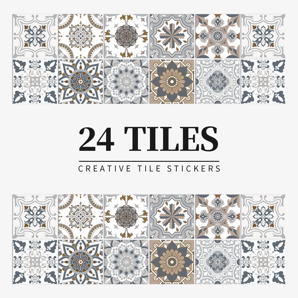 24Pcs Gray Moroccan Wall Sticker Art Water-Repellent Vinyl Peel And Stick Tile Sticker Home Decor Kitchen Bathroom
