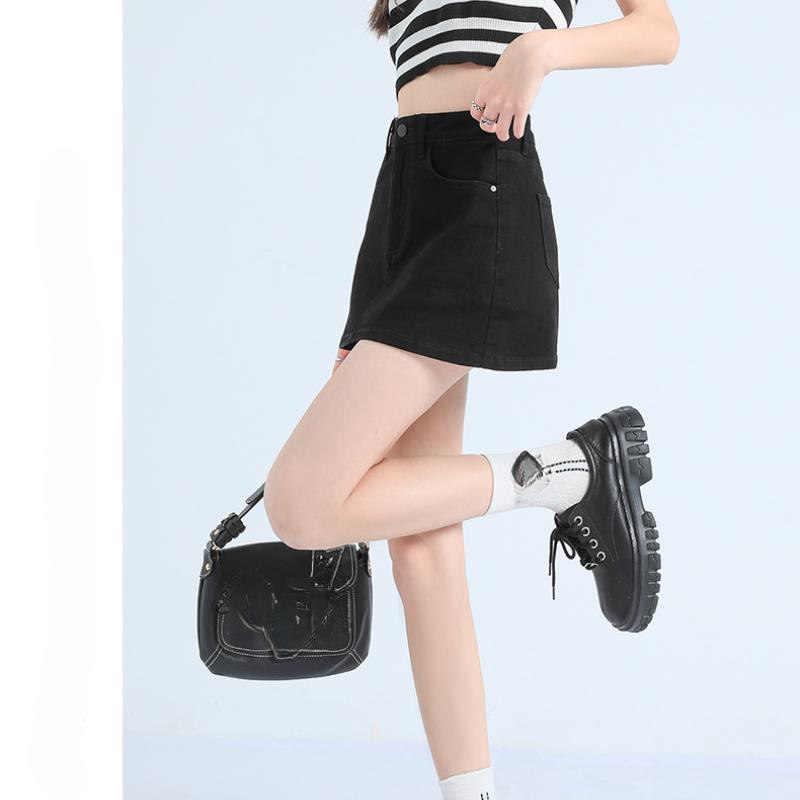 Fusta scurtă de denim retro Fusta scurtă de slăbire cu talie înaltă de vară pentru femei, Fusta înfășurată în șold cu linie A anti-orbire