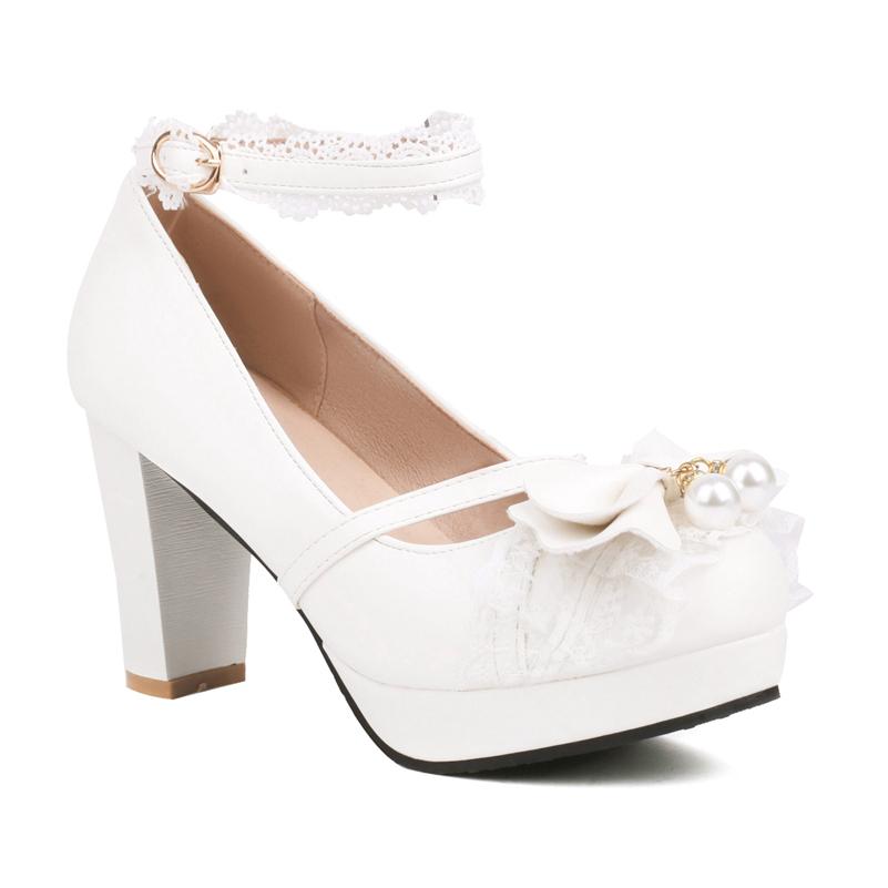 

Жіночі туфлі з ремінцем на щиколотці Лоліта Туфлі-човники з круглим носком Kawaii Платформа Товсті високі підбори Пряжка Бант Жіноче взуття для косплею Весна Осінь 46 39 білий