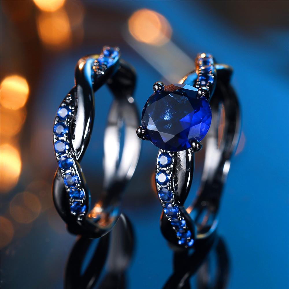 Kryształowy Pierścionek Kwadratowy Kamień Błękitny Cyrkon Zestaw Modny Vintage Czarny Kolor Ślubny Zaręczynowy Dla Kobiet