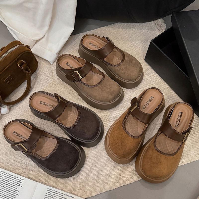 Height-increasing thick-soled belt decorative slippers women's 2025 autumn new Japanese retro versatile one-pedal bag head half-tow