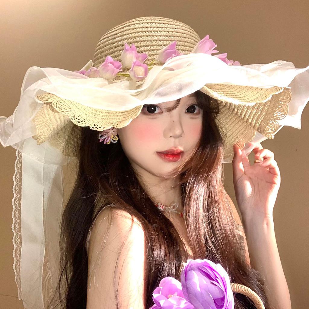 Big Brim Flower Lace Bow Straw Hat Women's Summer Vacation Wind Sun Hat Beach Seaside Sun Hat