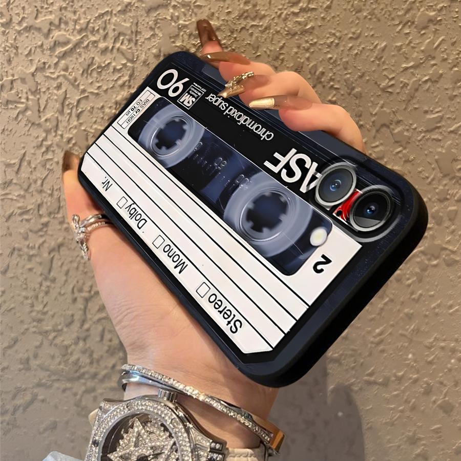 Retro Cassette Tape Case for iPhone XS Max 7 8 13 12 11 17 Pro Max 15 16 14 Plus 17Air XR Black Soft Phone Cover