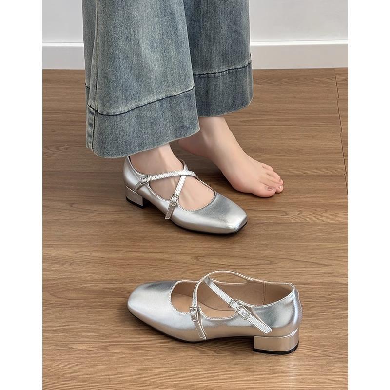 Cowhide~ Genuine Leather French Retro Silver Light Mouth Single Shoes Women's Thick Heel Versatile Mary Jane High Heels Small Leather Shoes