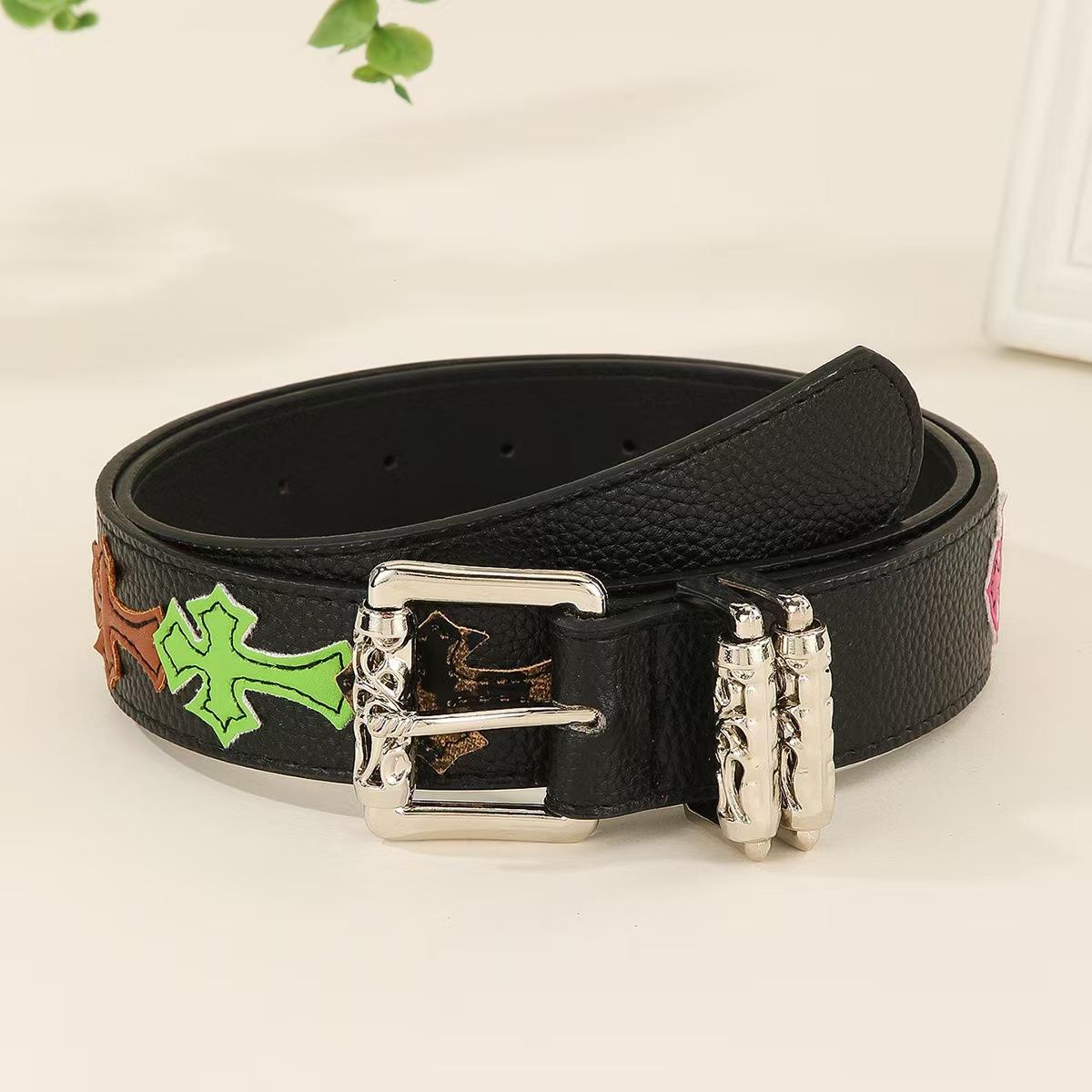 

2025 Spring and Summer New Trendy Hot Selling Belt Men s Personalized Cross Flower Youth Belt Punk Buckle Casual Belt 105CM чорний