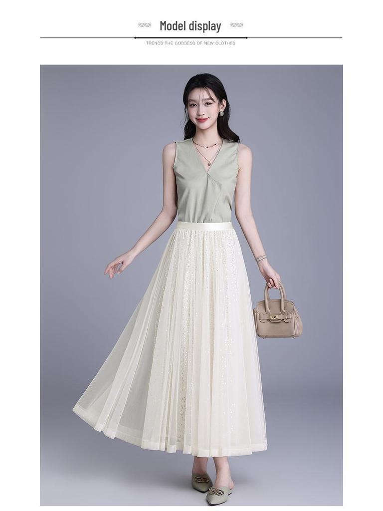 Spring 2026 Sequin Mesh A-line Midi Skirt - Slimming, Drapey, Fashionable, Casual Wear