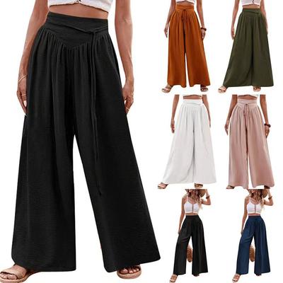 Women’s Solid Casual Long Pants Tie Elastic High Waist Patchwork Wide-leg Straight Long Pant Summer Loose Breathable Lightweight Soft Comfy Pants