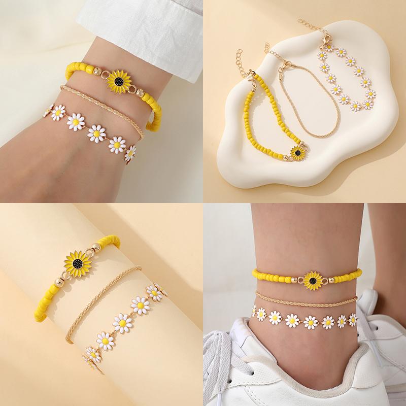 3Pcs Cute Daisy Flower Pendant Bracelet Anklet Set For Women Bohemian Beaded Sunflower Stackable Hand String Jewelry Accessories