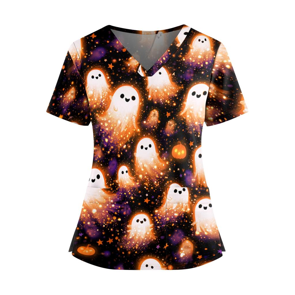 Womens V Neck Casual Halloween Print Top Short Sleeve Medical Scrub Shirt with Pockets Lightweight Comfortable Fit
