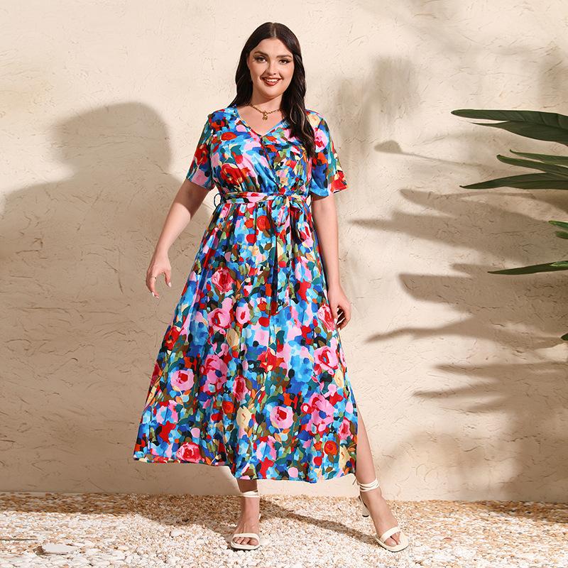 Summer Women Dress Short Sleeve High Waist V-Neck Midi Dress Plus Size Sexy Temperament Print Dress