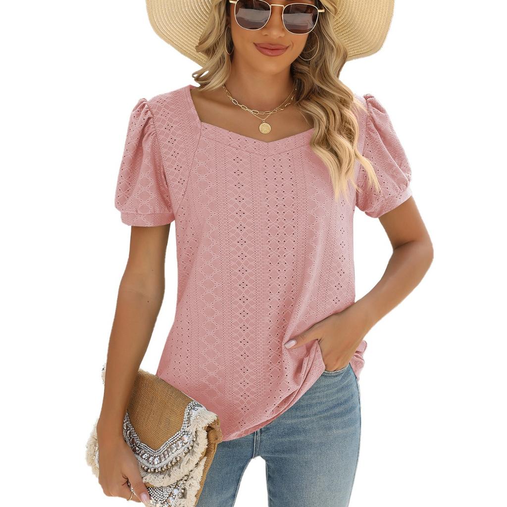 Spring Summer New Women's Solid Color Square Neck Puff Short Sleeve T-shirt Loose Casual Top For European American Cross-border