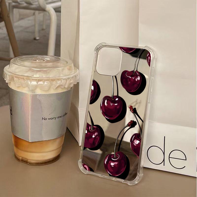 Cute Cherry Pattern Phone Case For Samsung Galaxy S25 S24 S23 S22 S21 Ultra Plus FE A06 A14 A23 A36 A52 A55 Make Up Mirror Cover