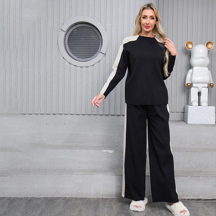 Conjunto de dos piezas de suéter de punto casual para mujer de otoño invierno, tops de manga larga tipo jersey y pantalón de pierna ancha, chándal