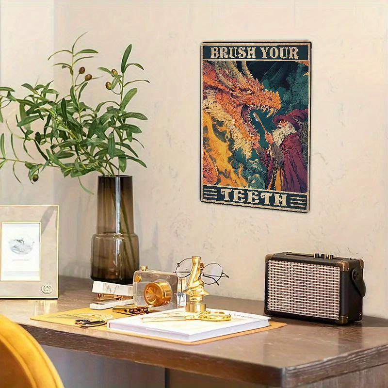 Brush Your Teeth Dragon Tin Sign Vintage Metal Tin Signs Wall Decor for Living Room Backyard Garden Garage Bar Retro Metal Sign