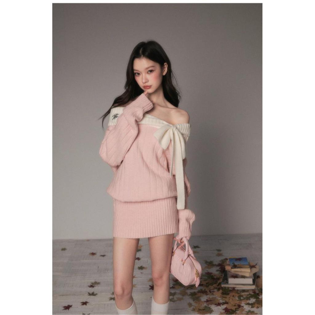 One-Shoulder Bowknot Knit Sweater with Bodycon Skirt Set