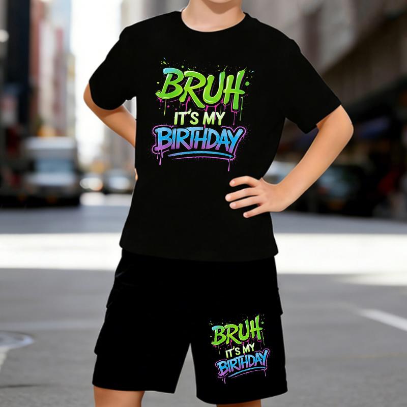 

Boys 2 Piece Graffiti Birthday Party Printed Outfit, Short Sleeve T-Shirt and Shorts Set for Kids Age 5-14,white,Black Sporty Casual Summer Clothes 5-6 Years чёрный