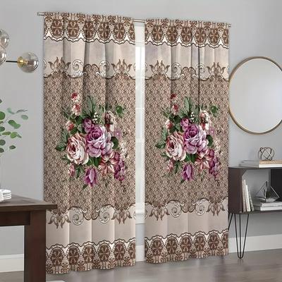 2pcs Set Elegant Floral & Plant Pattern Curtains  Rod Pocket Design for Privacy & Decor In Living Room, Bedroom,Kitchen