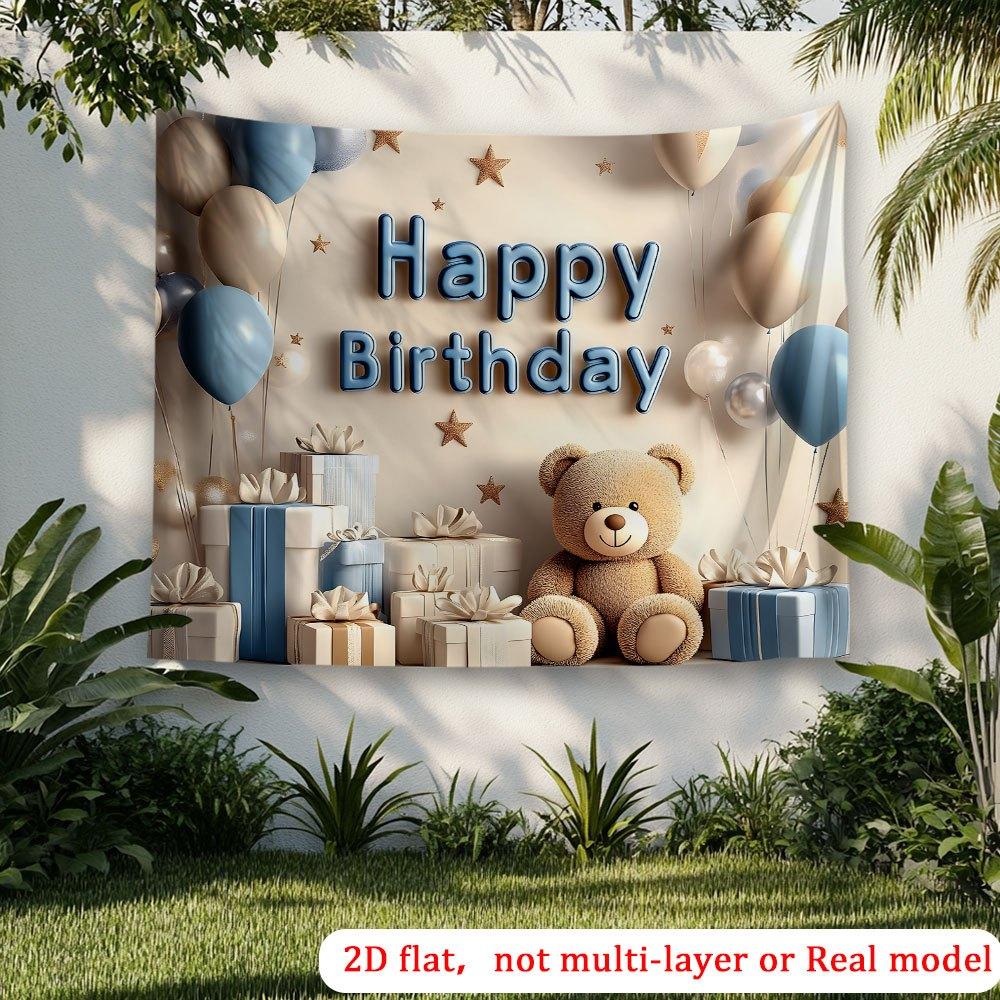 2D Flaches Banner, 1 Stück Geburtstagsparty Hintergrundbanner mit Ballons und Teddybären - Polyestergewebe