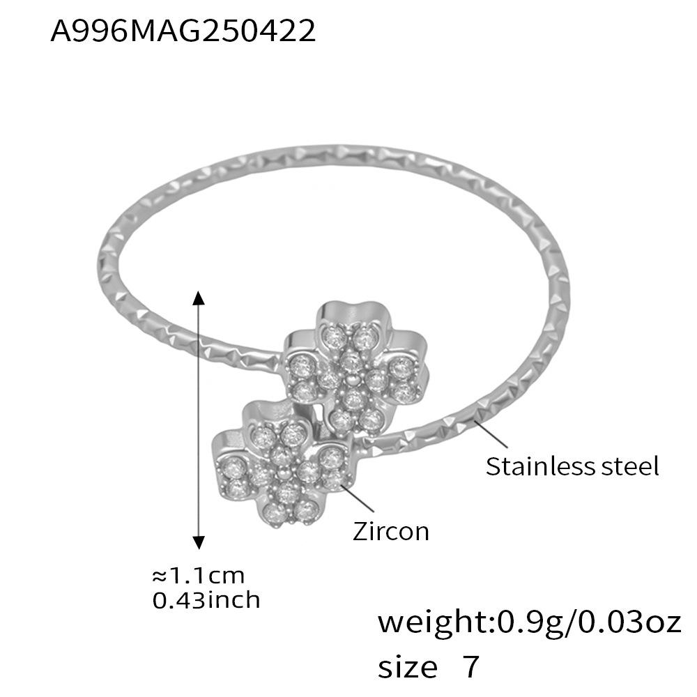 Qiong Yao 5A Zircon Four-Leaf Clover Adjustable Thin Band Ring - Elegant and Popular Accessory Size 7