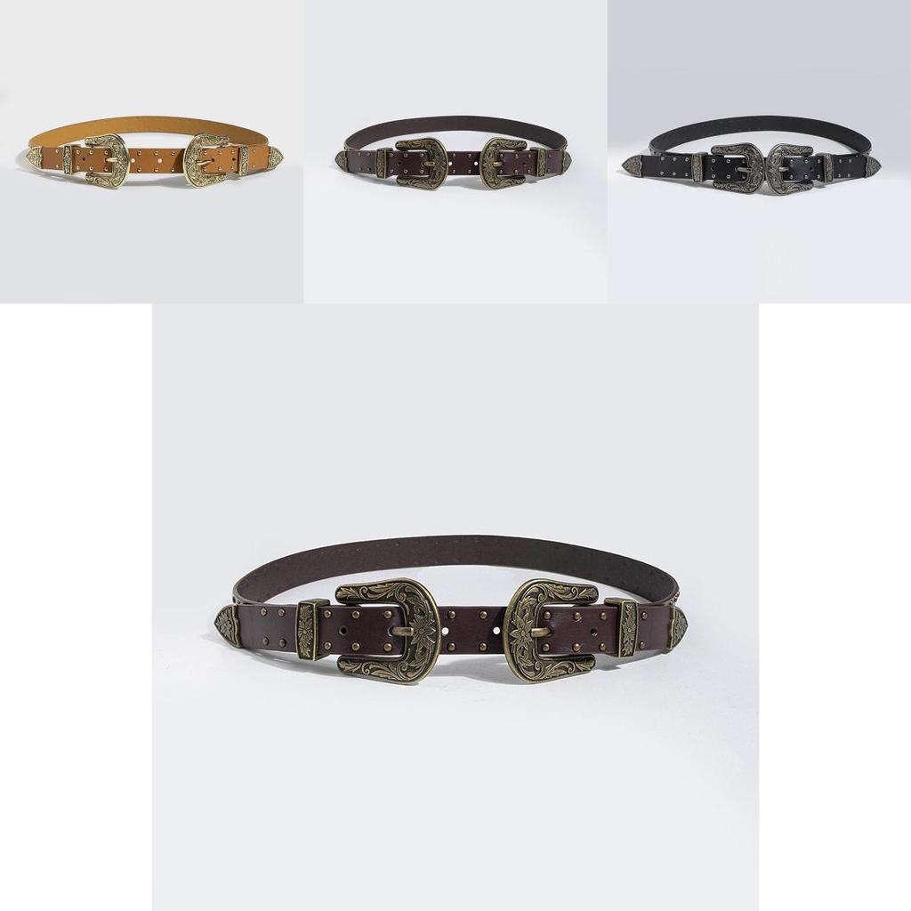 Bohemian Female Leather Belt With Retro Double Buckle And Alloy Clasp For Casual Wear