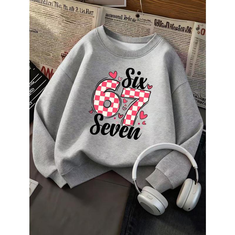 Kids Unisex Crewneck Sweatshirt, Pink Checkered Heart Number 67 Print Pullover, Cute Casual Birthday Sweatshirt For Boys Girls Kids Over 4 Years Old