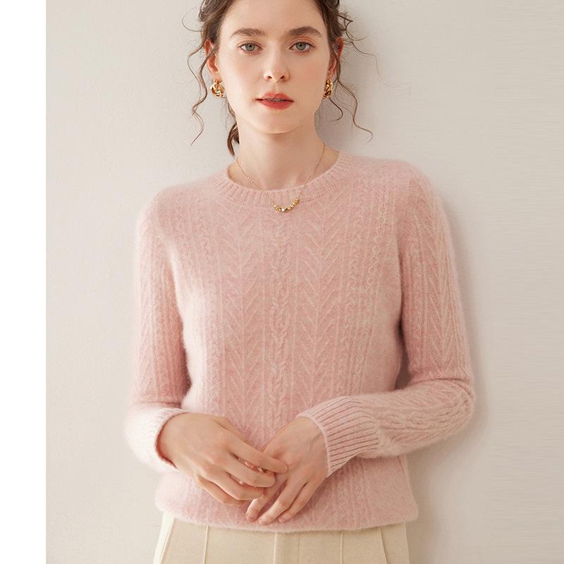 Women's Autumn/Winter Bamboo Leaf Twist Pattern Cashmere Knit Sweater - Round Neck, Loose Fit, Thick, Fashionable, Versatile