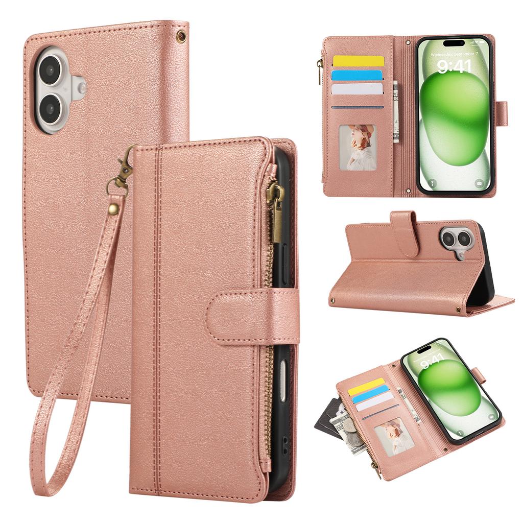 For iPhone 16 Case Multi Card Slots Zipper Leather Phone Cover with Wrist Strap