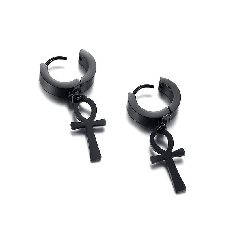 Drop Cross Earring Mens Egyptian Ankh Michael Hang Dangle Earrings Black Stainless Steel Male Punk Jewelry