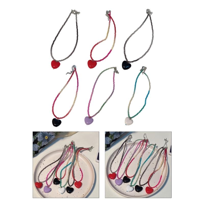 Fashion Sweet Heart Pendant Necklace Choker Neck Chain Elegant Clavicle Chain Gradient Crystal Beaded Necklace Jewelry