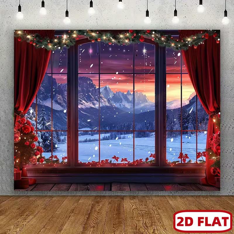 2D Christmas Sunset Window Backdrop Snowy Mountain Scenery Studio Background