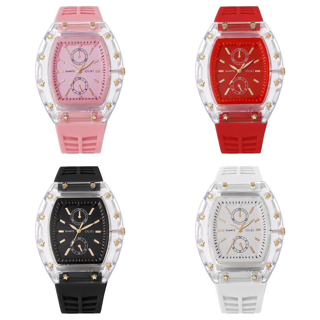 Transparent Barrel Shape Watch With Quartz Movement Casual Mens Silicone Strap For Daily Wear