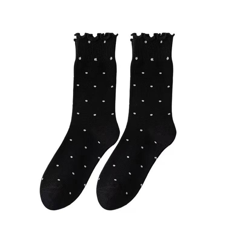 Grey Socks for Women, Mid-calf Autumn Thin Polka Dot Lace Socks, Black Ear-trimmed Autumn and Winter Ballet Style Pile Socks
