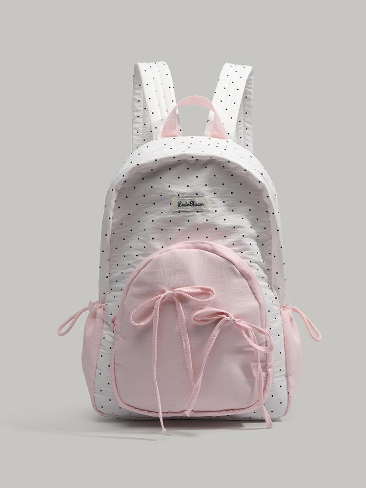 

Cute sweet girl backpack female student class versatile schoolbag Korean college style bow polka dot backpack белый