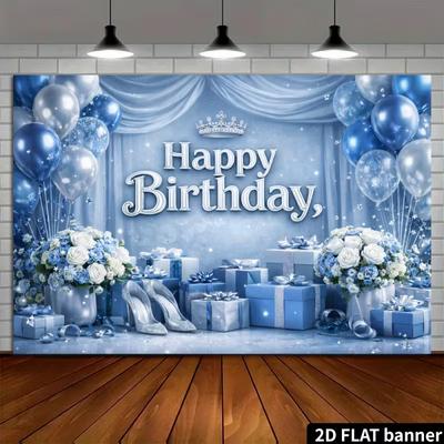 2D Silver Crown Blue Happy Birthday Backdrop Banner for Women Birthday Party