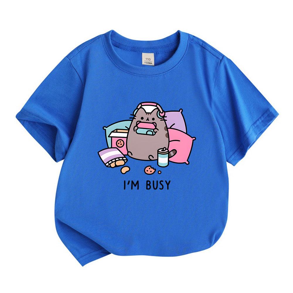 Kids Boys Girls 100% Cotton Crew Neck Short Sleeve T-Shirt, Cute Gaming Fat Cat Print Casual Funny Shirt, Comfy Tees for Daily Wear Leisure Home Party